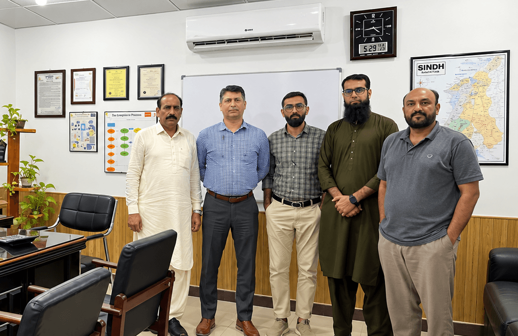A group photograph in an office